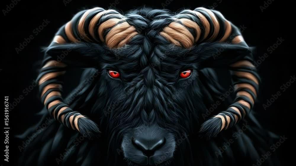 Majestic black ram with striking red eyes and twisted horns against a dark backdrop Majestic black ram with striking red eyes and twisted horns against a dark backdrop