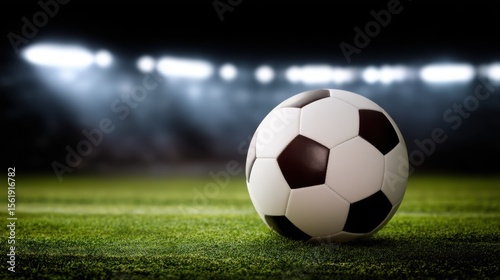 Classic black-and-white soccer ball on a lush green field illuminated by bright stadium lights, highlighting smooth texture and vibrant grass, with out-of-focus stands in the background, 