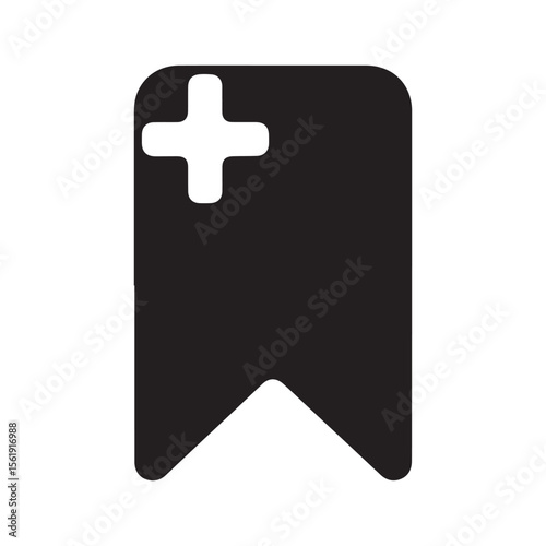 Black bookmark icon with white plus symbol cross