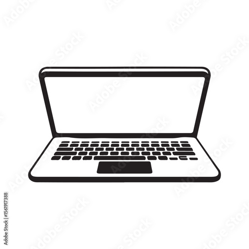 Black and white outline of an open laptop computer