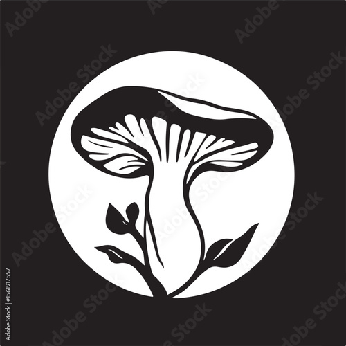 a classic black and white vector silhouette of a Ganoderma mushroom on a white background. 