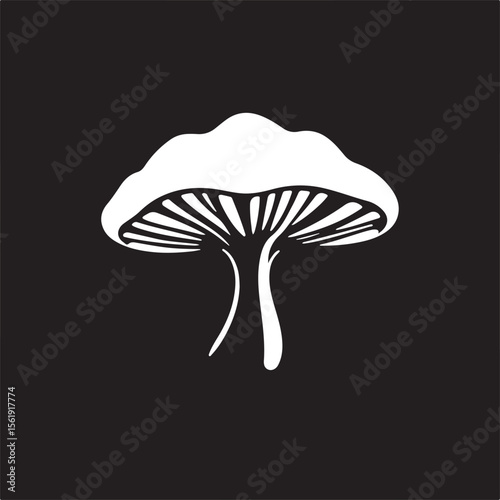 Elegant black and white vector logo a snow fungus silhouette rendered in geometric shapes and clean lines.  The design prioritizes balance, symmetry, and visual clarity, creating a timeless feel.