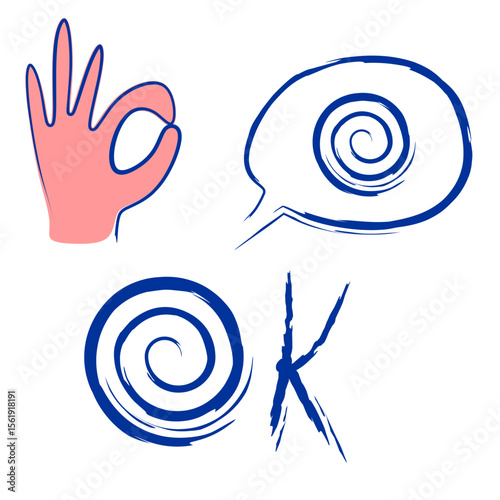 Simple Line Art Hand Gesture with Spiral OK Symbol and Speech Bubble