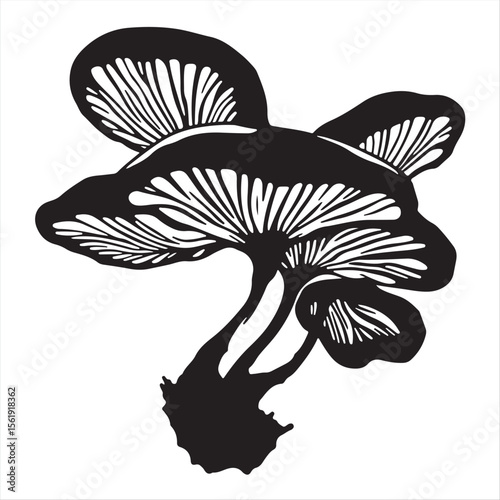 a classic black and white silhouette of a Ganoderma mushroom on a pure white backdrop. 