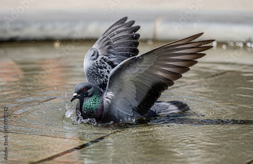 City Pigeon Splashing in Public Fountain to Cool Off During Urban Heatwave, Water Sparkling in Sunlight, Surrounded by Cracked Hot Stone