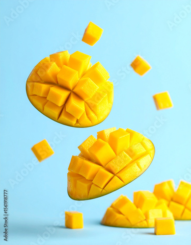Vibrant mango halves and cubes levitate on a bright blue background.