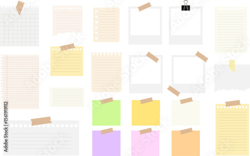 Collection of torn paper notes, memo sheets, sticky notes, and photo frames with tape on transparent background. Great for scrapbooking, planners, journaling, and collage design