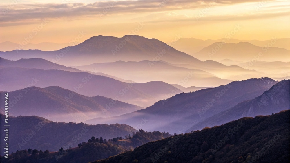 Obraz premium A panoramic view of misty mountain ranges under a soft, colorful sky at dusk
