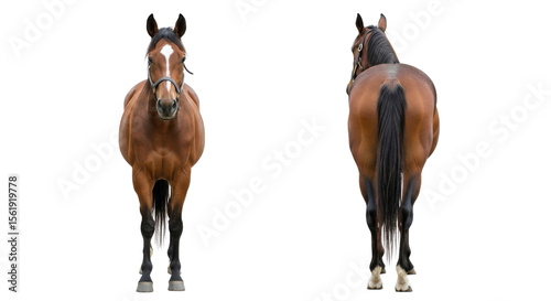Chestnut horse seen from front and back views isolated PNG with Transparent Background