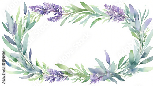 Watercolor floral frame with lavender flowers and eucalyptus leaves. Elegant botanical border perfect for wedding invitations, greeting cards and romantic design projects