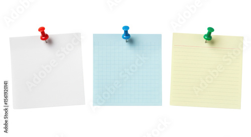 Three sticky notes with push pins on white background