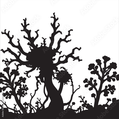 Timeless and elegant black and white vector illustration in an expressive Isekai anime style. A detailed silhouette of Cordyceps is prominently featured against a pure white background.