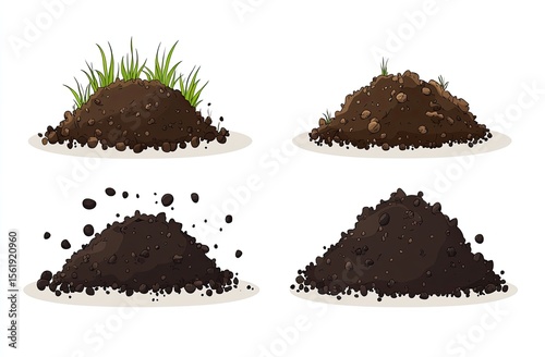 Four illustrations of piles of dark brown soil, some with grass or scattered particles