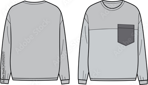 Basic color block sweatshirt CAD drawing, flat vector illustration, front and back fashion technical sketch, pocket detail garment template design.