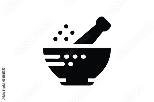 Modern Minimalist Black and White Mortar and Pestle Icon: Pharmacy, Medicine, Herbal Remedy, Healthcare Symbol