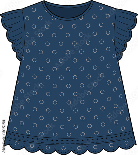 Adorable polka dot dress CAD drawing, flat vector illustration, scalloped hem ruffle sleeve detail, cute garment fashion technical sketch design