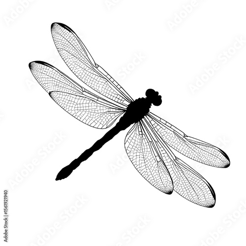 Vector illustration of dragonfly silhouette. Tropical bug graphic isolated on transparent background.