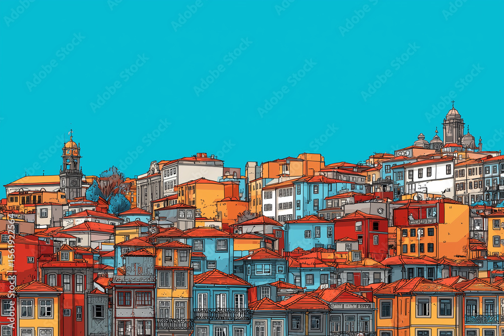 Naklejka premium Drawing of the city of Porto (Portugal). Flat colors: red, yellow, blue, light blue, orange, and white