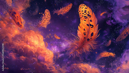 A fantasy painting of orange and purple feathers floating in space, with a purple-black background, an orange-yellow leopard print, and an orange and violet color palette