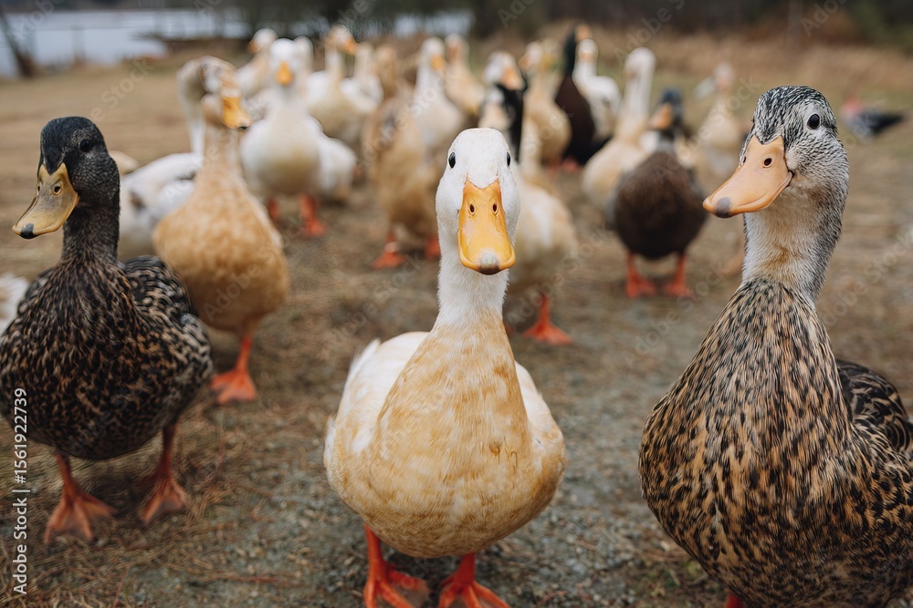Fototapeta premium Diverse flock of ducks gathering near the water's edge during a serene morning