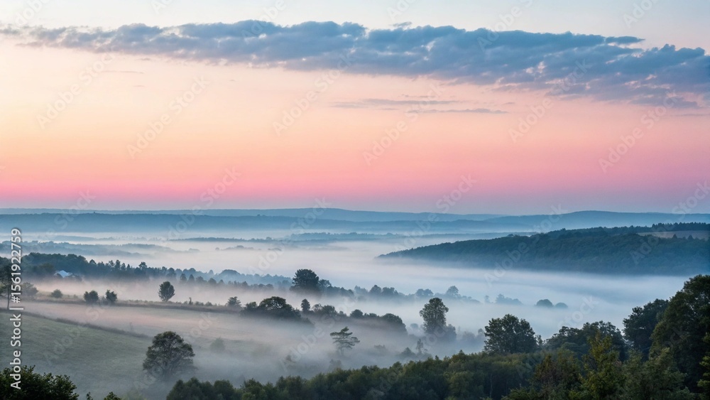 Fototapeta premium Foggy fields and trees under a pink and blue sunrise sky