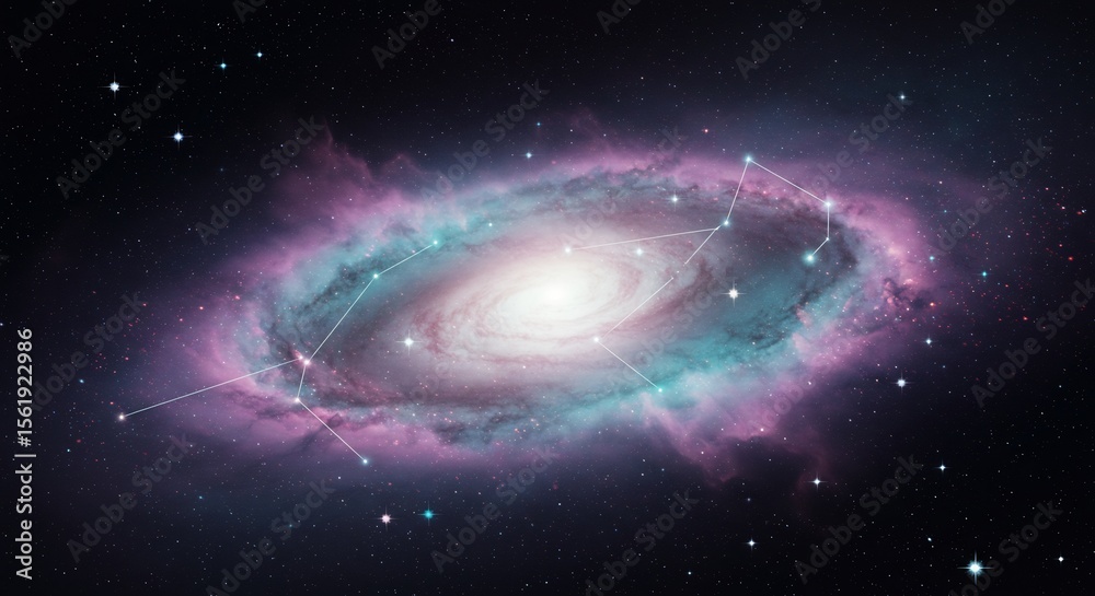 Obraz premium Serene Galaxy with Constellation Overlay, Cosmic Beauty, Starry Night