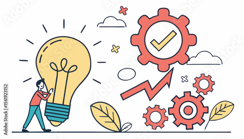 A male figure pulls a large lightbulb, symbolizing innovation and ideas, surrounded by gears and upward arrows, in a colorful graphic style.