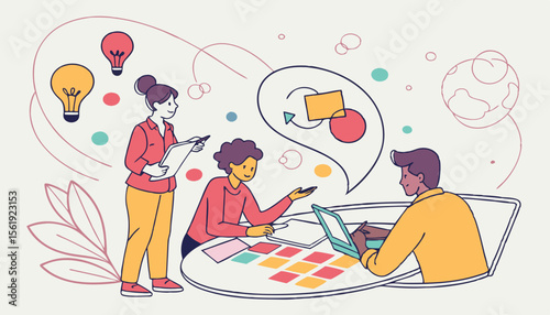 A diverse group of three people collaborate on a creative project, brainstorming ideas with colorful visuals and notes.