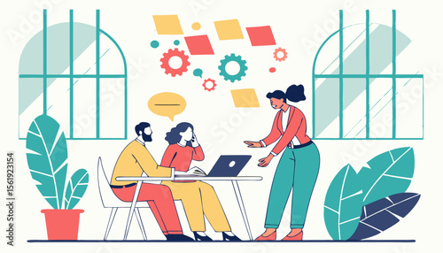 A diverse group of professionals collaborating in a bright office space with plants and colorful graphics.