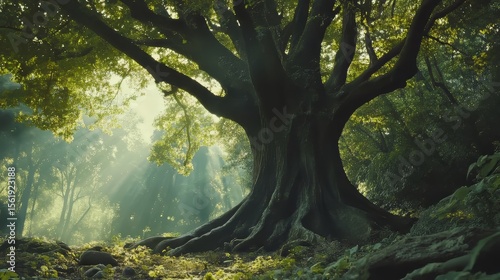 Enchanted forest with big fairytale trees and great vegetation