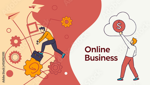 Dynamic illustration of online business concepts with diverse individuals engaging in digital activities.
