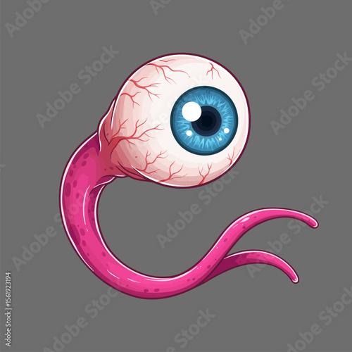 Cartoon eyeball with pink tentacles floats against a gray backdrop for fantasy artwork, perfect for halloween designs.
