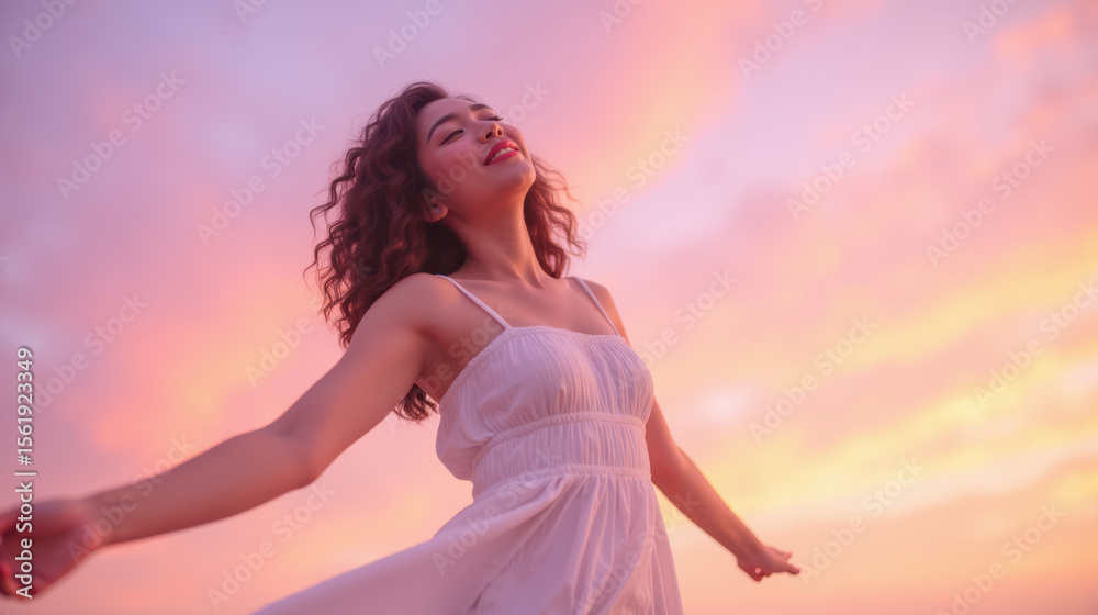 Obraz premium Woman in flowing white dress enjoys serene moment against vibrant sunset sky, embodying freedom and joy