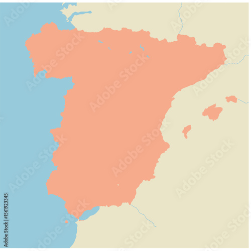 Outline map depicting Spain against a background of ocean and land, useful for geographical studies