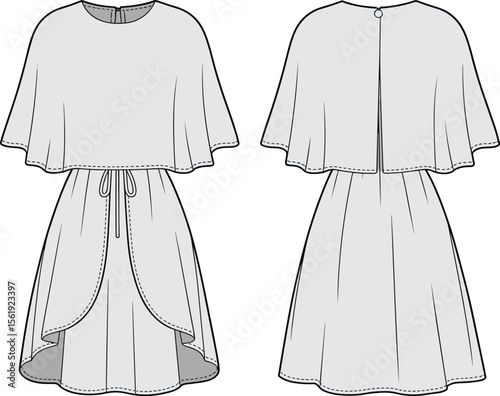 Elegant layered cape dress with drawstring waist front and back technical flat sketch, CAD drawing flat vector illustration fashion template design.
