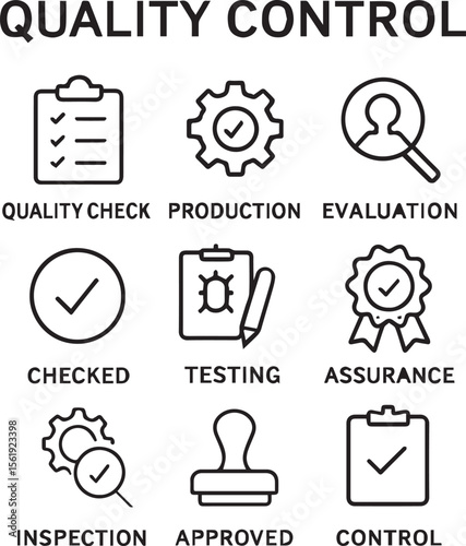 Quality control line icon set. Quality check, production, evaluation, checked, testing, assurance, inspection and more. Outline icon in linear style. Vector collection