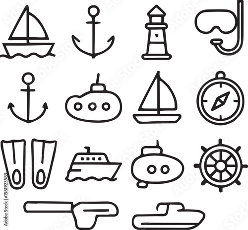Sea Adventure Vector Icon Set  Adjustable Line Weight  Boat, anchor, lighthouse, diving, submarine, sailing, compass, marine, flippers, cruise, ocean, travel, exploration icons