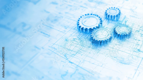 Blueprint gears design, engineering concept, mechanical illustration, technical drawing, innovation background, industrial graphic