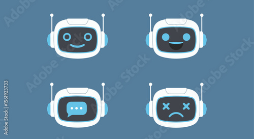Chatbot and AI Assistant Emoticon Heads Set. A set of four chatbot/AI assistant heads showing happy, joyful, talking, and sad/error expressions. Ideal for UI & customer service.