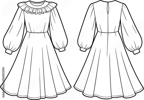 Elegant long sleeve dress CAD drawing, flat vector illustration, fashion technical sketch, detailed garment template design, ruffle collar, back view.