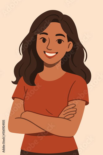 Confident young woman with crossed arms smiling. Happy beautiful hispanic businesswoman or student character portrait. Modern flat vector cartoon illustration of a female professional.