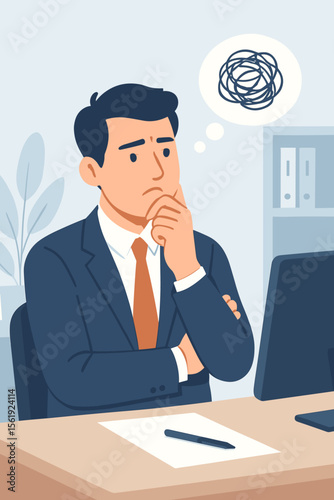 Stressed businessman at office desk, confused with tangled thoughts. Pensive employee thinking about a difficult problem. Metaphor for mental chaos, anxiety, and burnout.