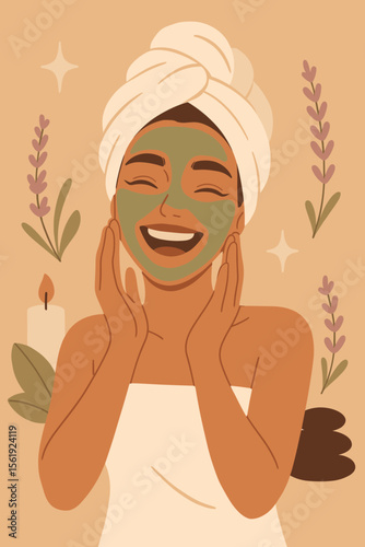 Woman with clay facial mask and towel on head laughing. Spa beauty treatment, skin care and self-care concept. Happy girl enjoying aromatherapy, relaxation and wellness.