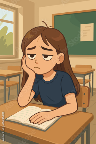 Bored school girl sitting in classroom at desk. Sad tired student feeling unhappy during lesson. Education stress, childhood mental health, learning difficulty concept. Vector cartoon.