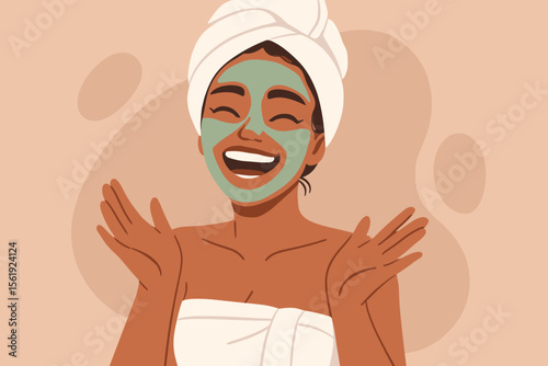 Happy young woman with green facial mask laughing in spa towel and turban, beauty treatment relaxation concept, skincare routine, self-care and wellness illustration