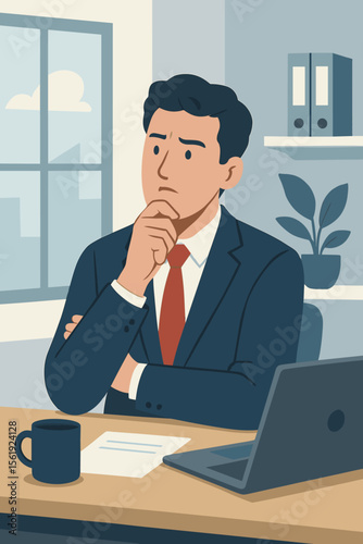Businessman thinking at office desk. Pensive manager contemplating a difficult problem or decision. Thoughtful employee working with laptop. Business challenge concept vector.