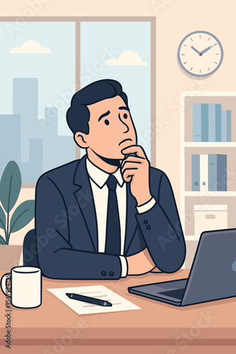 Businessman character contemplating a business strategy. Pensive manager thinking about a corporate problem in the office. Concept of brainstorming, work stress, and decision making.