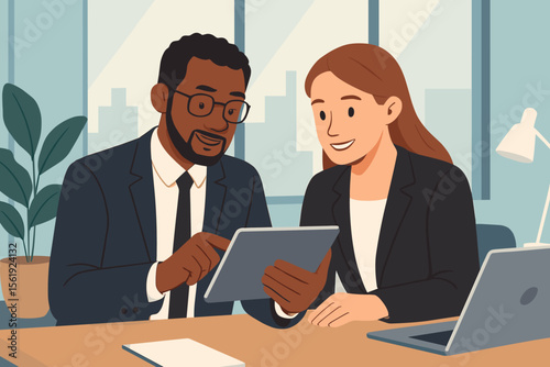 Diverse business partners collaborating in a modern office. Colleagues discussing a project on a digital tablet. Corporate teamwork, communication, and strategy vector illustration.