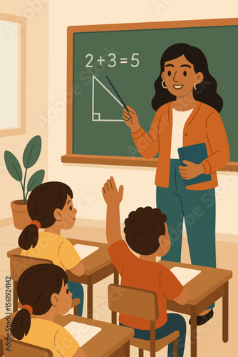 Female teacher at chalkboard teaching math to elementary school students. Diverse children in classroom, a boy raises his hand. Education and learning concept. Vector illustration.