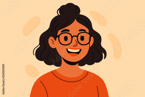 Portrait of a happy young woman with glasses. Cheerful smiling female student or freelancer character avatar. Modern flat vector cartoon illustration with a positive vibe.